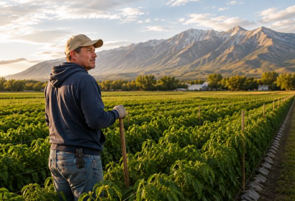 A farmworker in a Utah field at sunrise