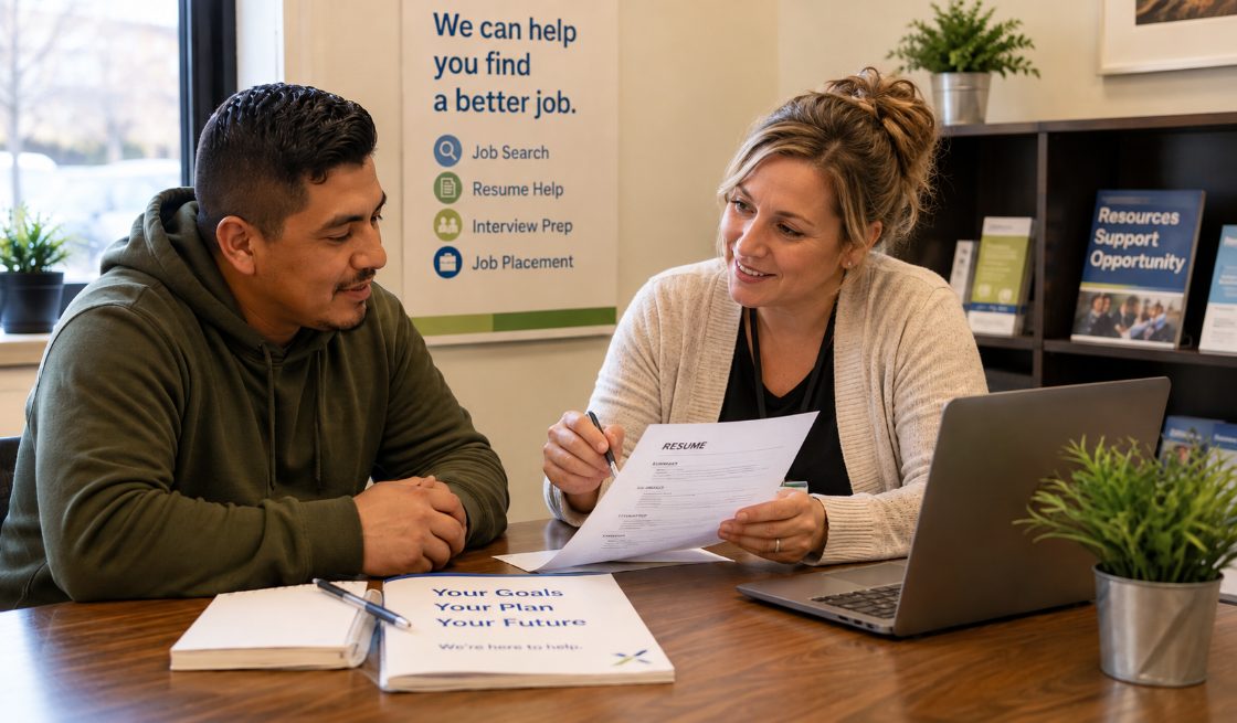A case manager reviewing a resume with a client