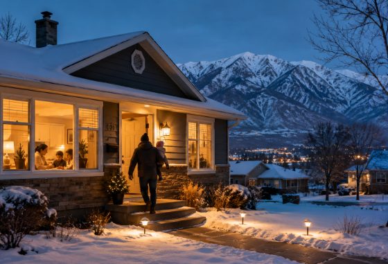 A family arriving home on a winter evening